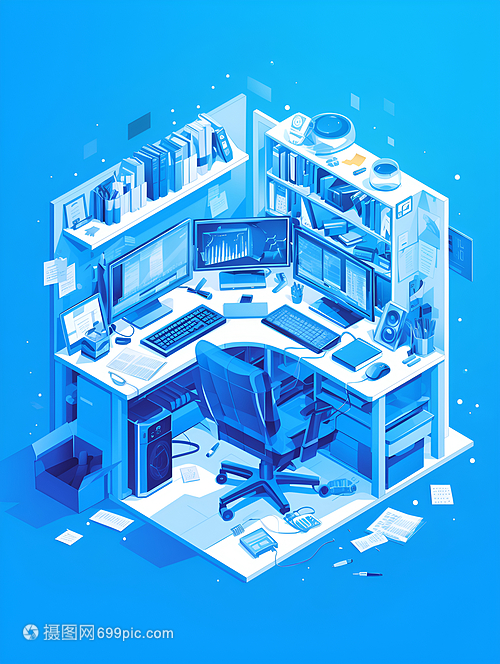 藍色辦公室插畫 辦公設備的美學與功能交融